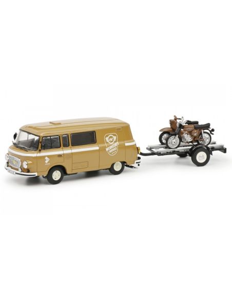 SCHUCO SH3642 BARKAS B1000 VAN WERKSTATT SERVICE WITH TRAILER+ 2 MOTORCYCLES 1965 1:43 Modellino