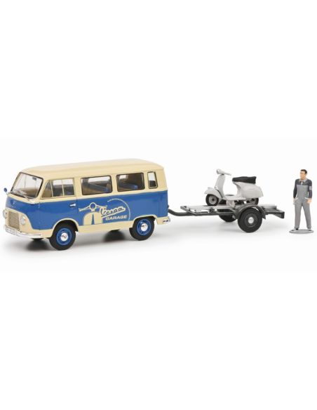 SCHUCO SH450320000 FORD TAUNUS TRANSIT FK1000 MINIBUS W/VESPA 150 GS 1958 BLUE CREAM 1:43 Modellino