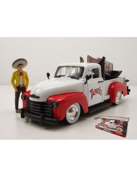 JADA TOYS JADA31968 CHEVROLET PICK UP 1953 WITH TAPATIO CHARRO MAN FIGURE WHITE/RED 1:24 Modellino