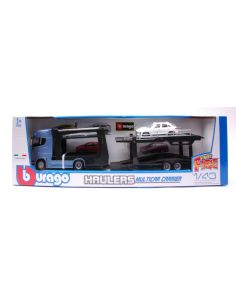 BBURAGO BU31467 SCANIA S730 HIGHLINE CAB CAR CARRIER + PORSCHE MACAN 1:43 Modellino