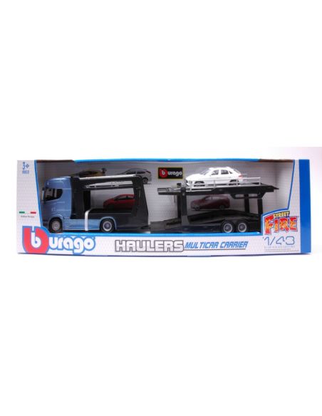 BBURAGO BU31467 SCANIA S730 HIGHLINE CAB CAR CARRIER + PORSCHE MACAN 1:43 Modellino