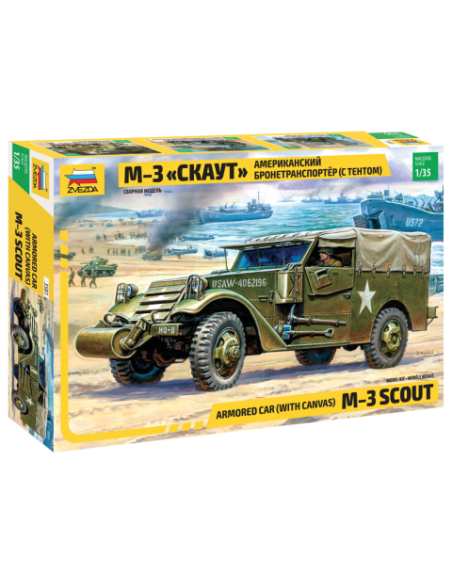 ZVEZDA Z3581 SCOUT CAR M-3 WWII ARMORED CAR WITH CANVAS  KIT 1:35 Modellino