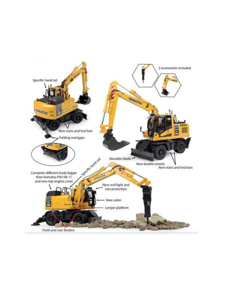 UNIVERSAL HOBBIES UH8163 ESCAVATORE KOMATSU PW180-11 C/ACCESSORI 1:50 Modellino