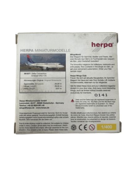 copy of Herpa 561877 Delta Connection Embraer ERJ-170 Vintage Livery 1:400 Aereo Model
